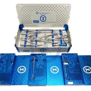 A box of surgical instruments and tools in blue plastic.