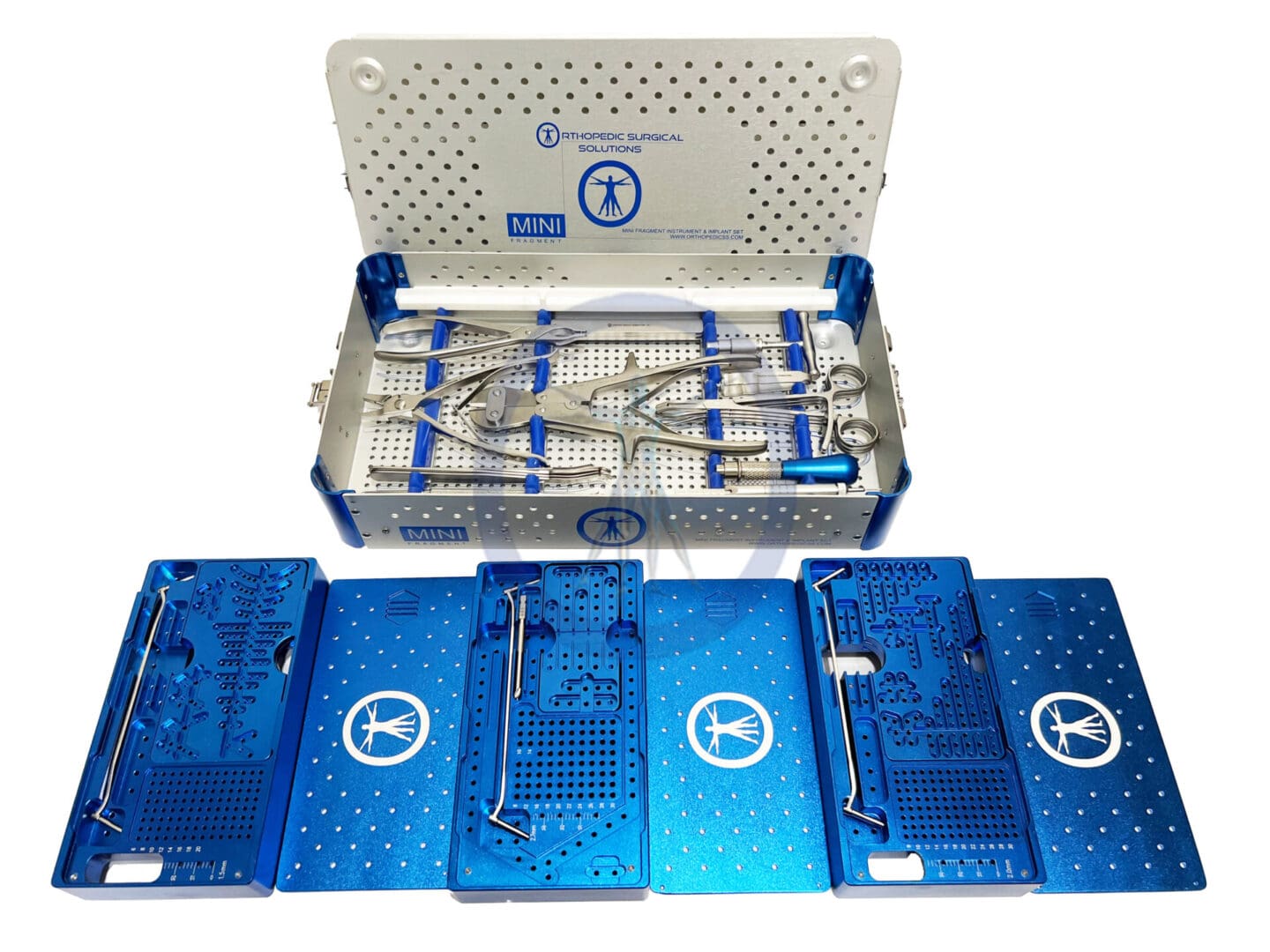 A box of surgical instruments and tools in blue plastic.