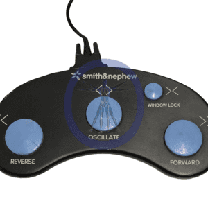 A black and blue control pad with four buttons.