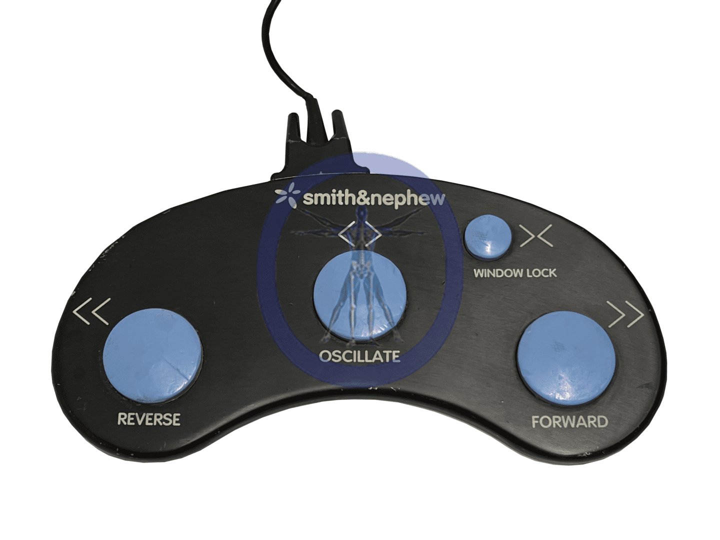 A black and blue control pad with four buttons.