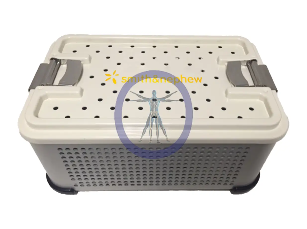 A portable Dyonics/Smith & Nephew Power 72204126 Sterilization Case with perforations and the smith & nephew logo featuring an abstract human figure.