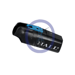 A black and blue plastic object with the word hall on it.