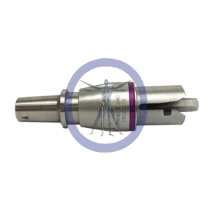 A stainless steel drill bit with purple colored thread.