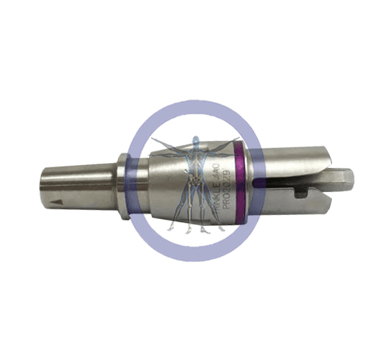 A stainless steel drill bit with purple colored thread.