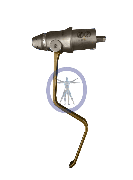 A metal device with a wooden handle attached to it.