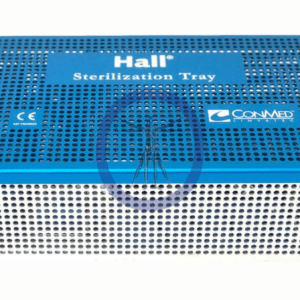 A blue and white sterilization tray with holes.