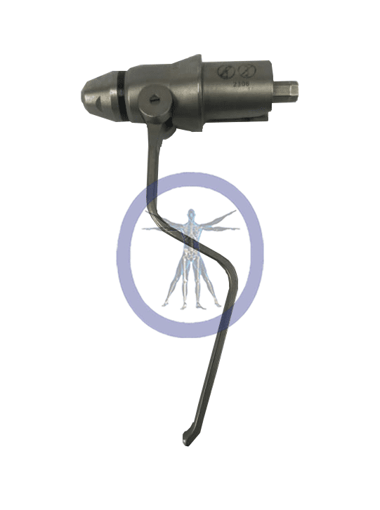 A picture of an iron device with a metal handle.