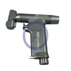 A black and silver drill with a white background