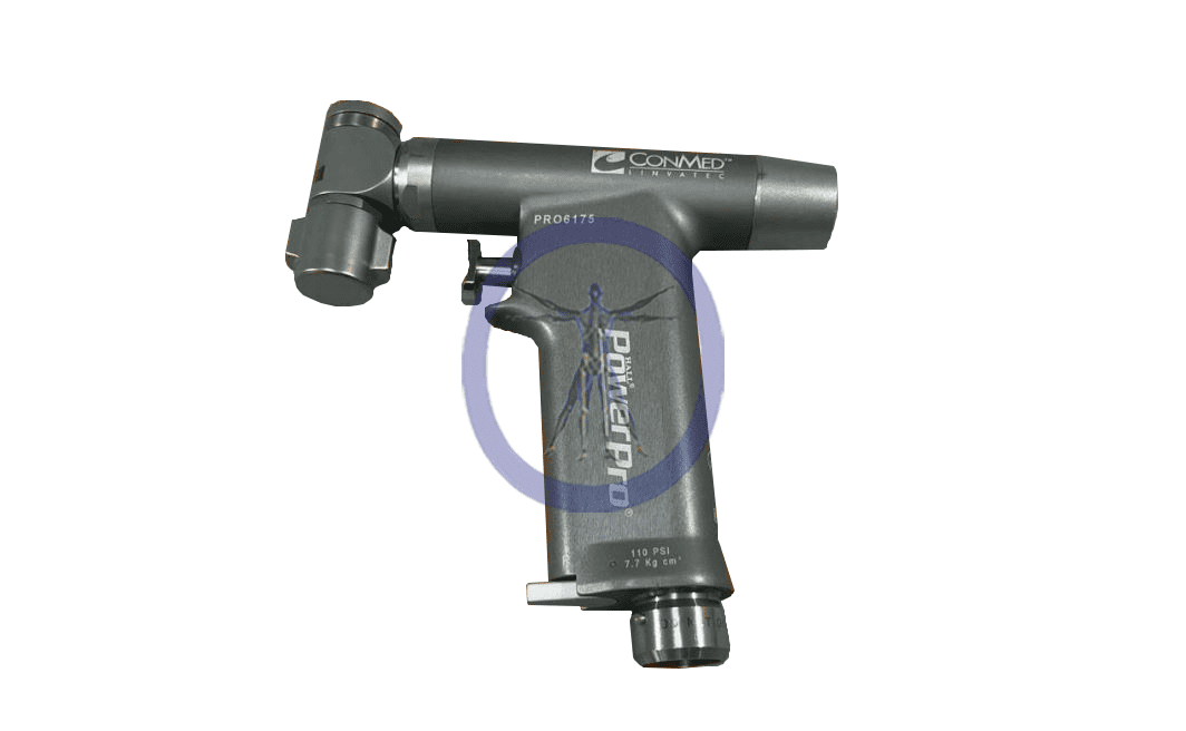 A black and silver drill with a white background