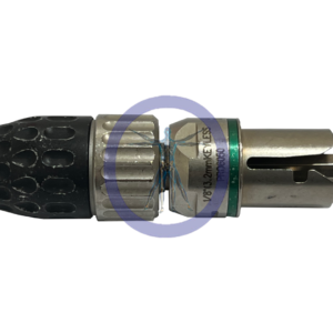 Close-up of a Conmed/Hall PRO6050 1/5” Keyless Jacobs Chuck Attachment with a black textured grip, featuring a transparent blue ring around its center.