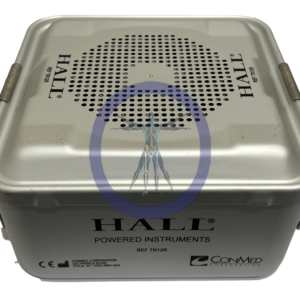 Gray plastic sterilization tray for powered instruments, labeled "Hall Micro Free TR12R 1/2 Size Rigid Sterilization Case" with a blue oval logo and mesh top, manufactured by conmed.