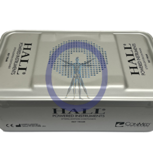 A gray metal sterilization tray labeled "Hall Micro Free TR34R 3/4 Size Rigid Sterilization Case" with logos and text, including regulatory symbols, on its lid.