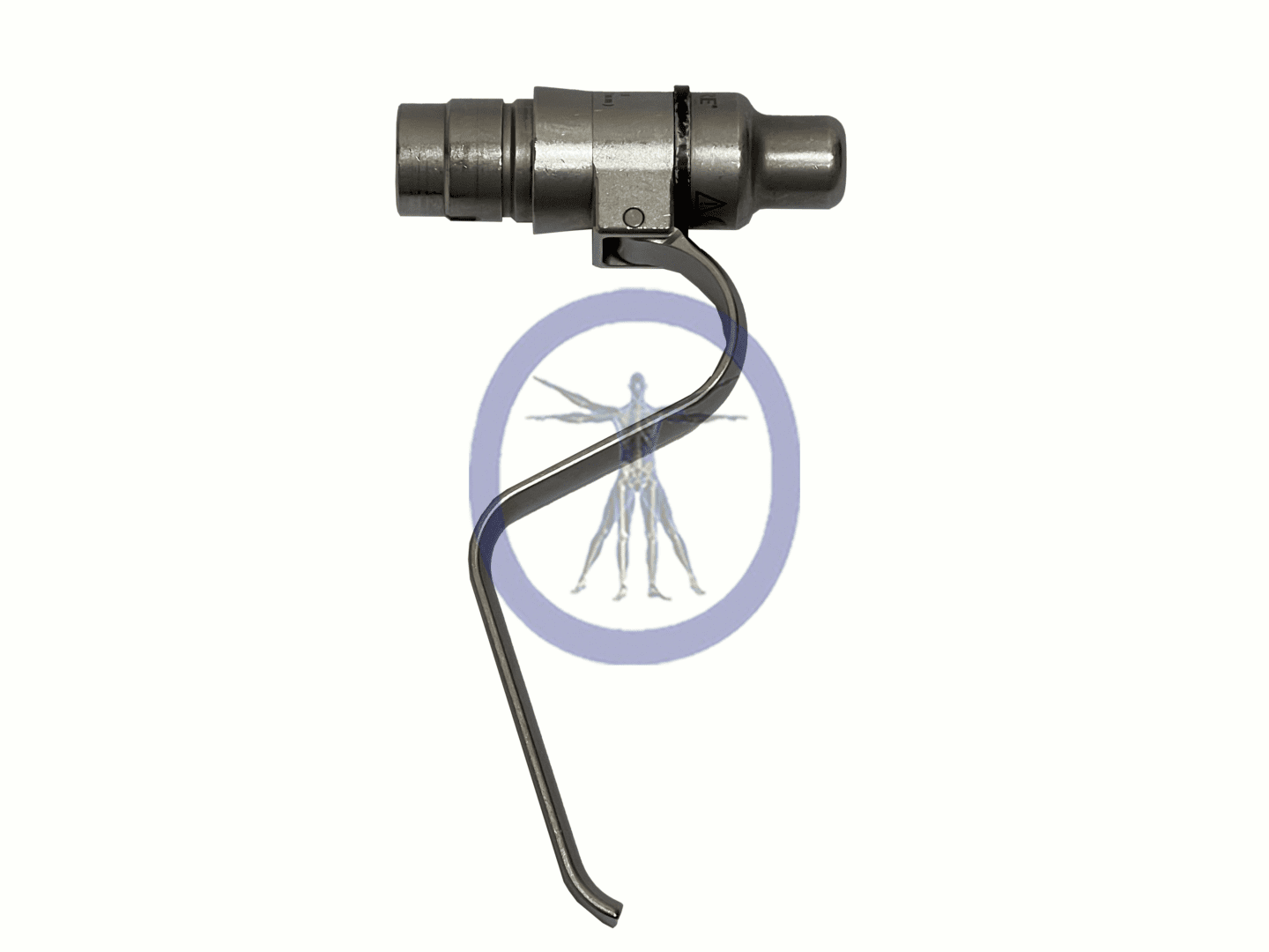 Surgical instrument with a curved handle.