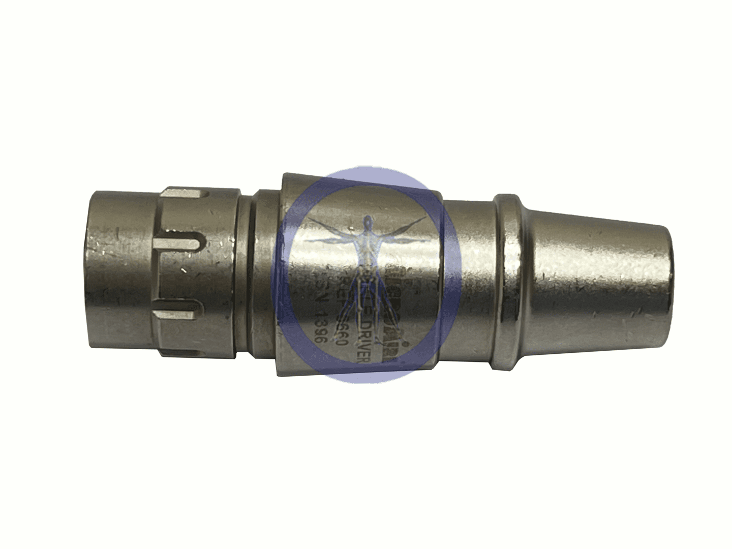 Silver metal connector with screw thread.