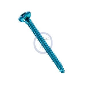 A blue screw with a hole in the center.