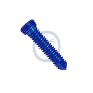 A blue plastic screw with a hole in the bottom.
