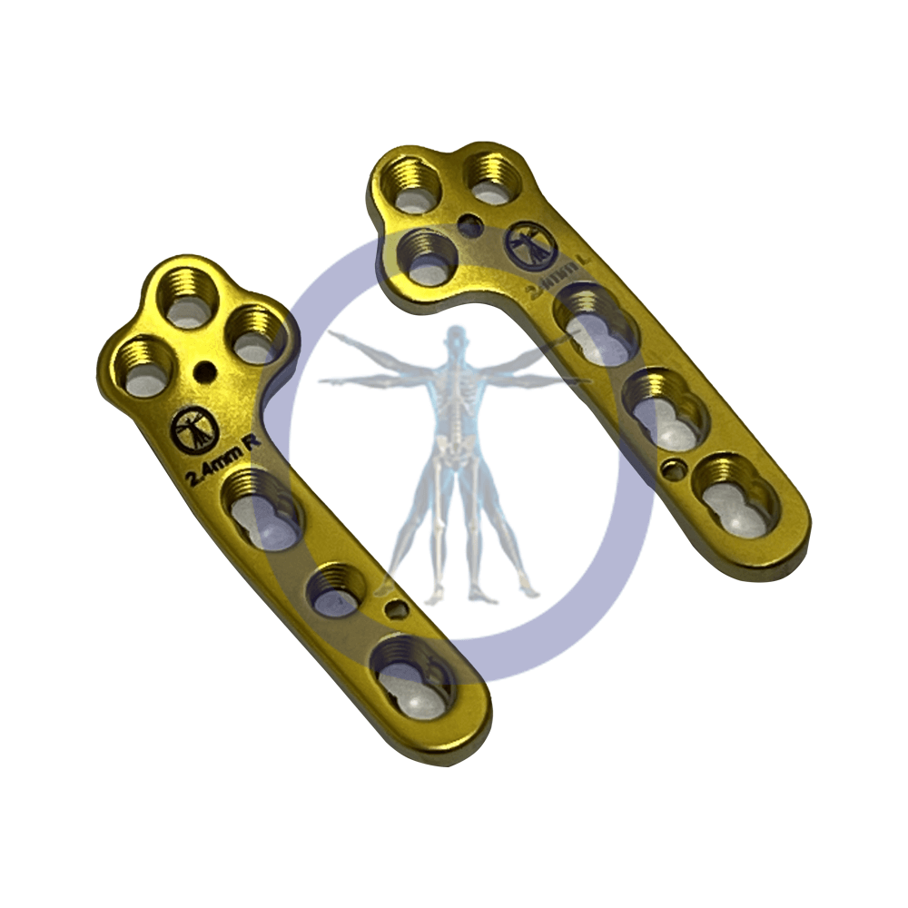 Two gold surgical plates for bone repair.