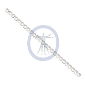 A chain of silver colored metal is shown.