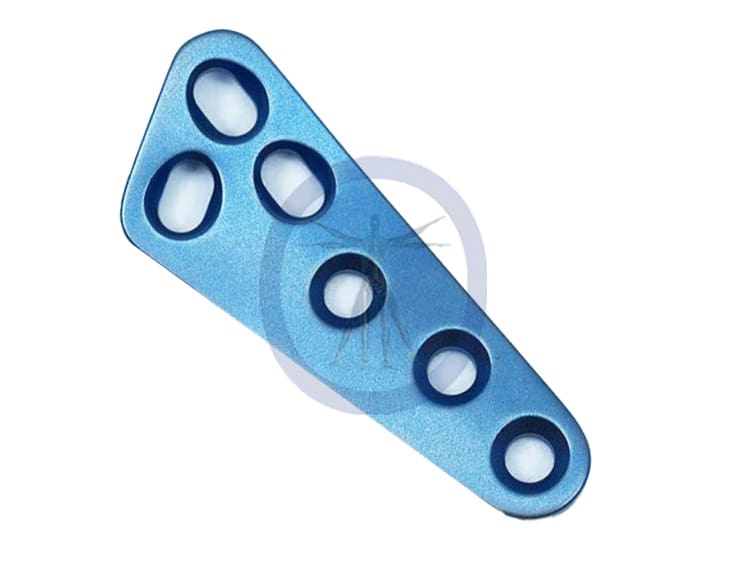 A blue plastic object with six holes in it.