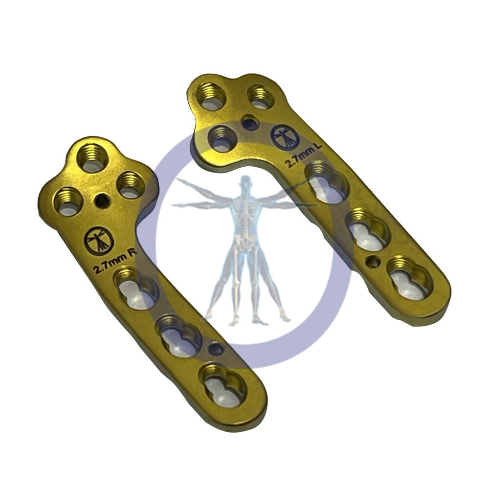 Two gold bone plates with screws.