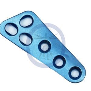 A blue metal object with four holes in it.