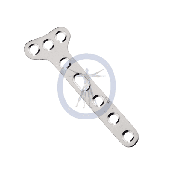A metal brace with six holes for the upper limb.