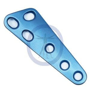 A blue metal object with four holes.