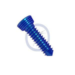 A blue screw with a hole in the bottom of it.