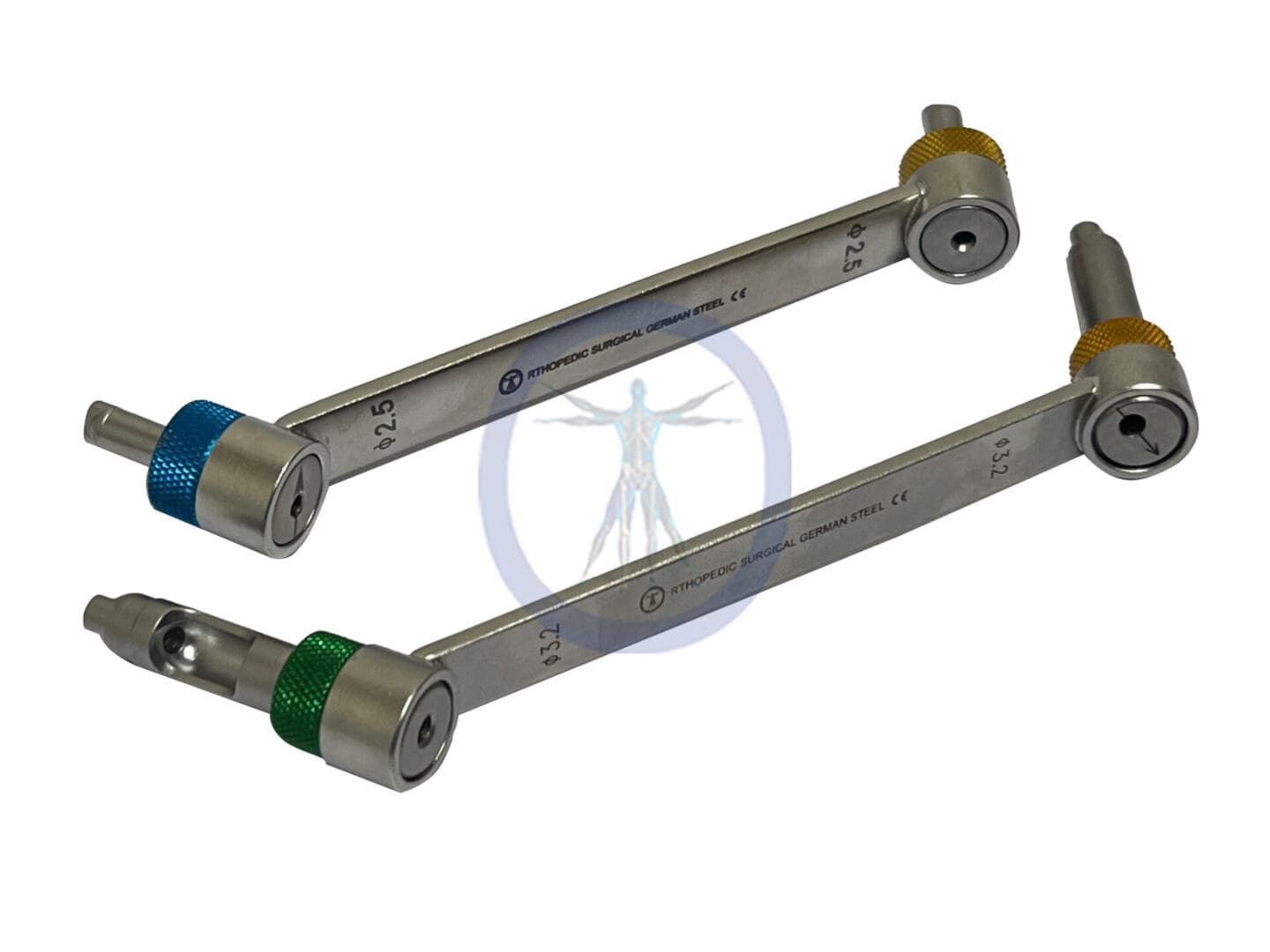 A pair of metal arms with colored handles.