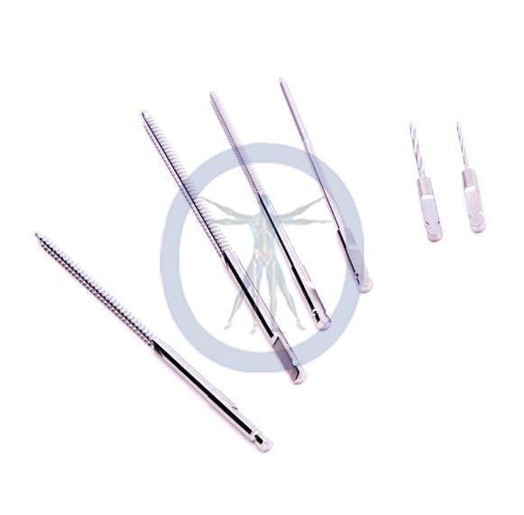 A set of five needles and two pairs of tweezers.