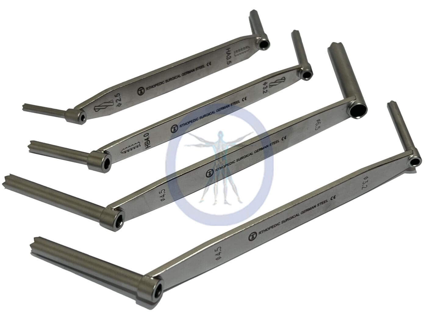 A set of five surgical instruments in different sizes.