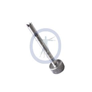 A metal handle with a small hole in it.