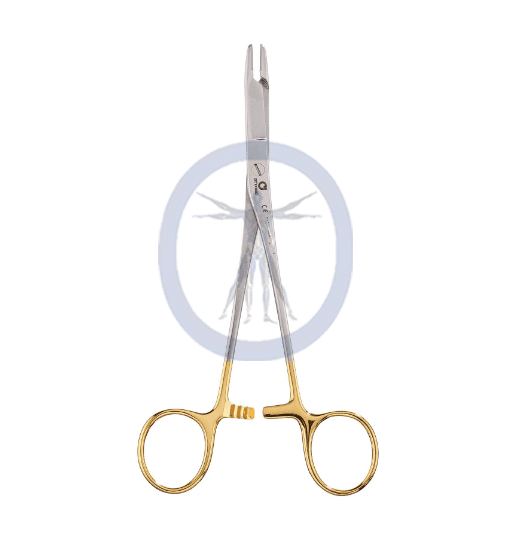 A pair of scissors with gold handles and a needle.