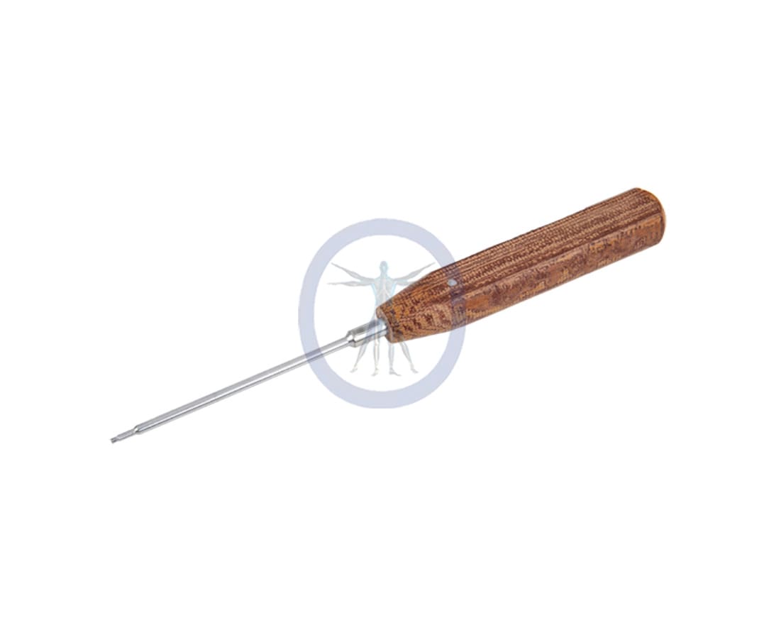 A wooden handle is shown with a needle.