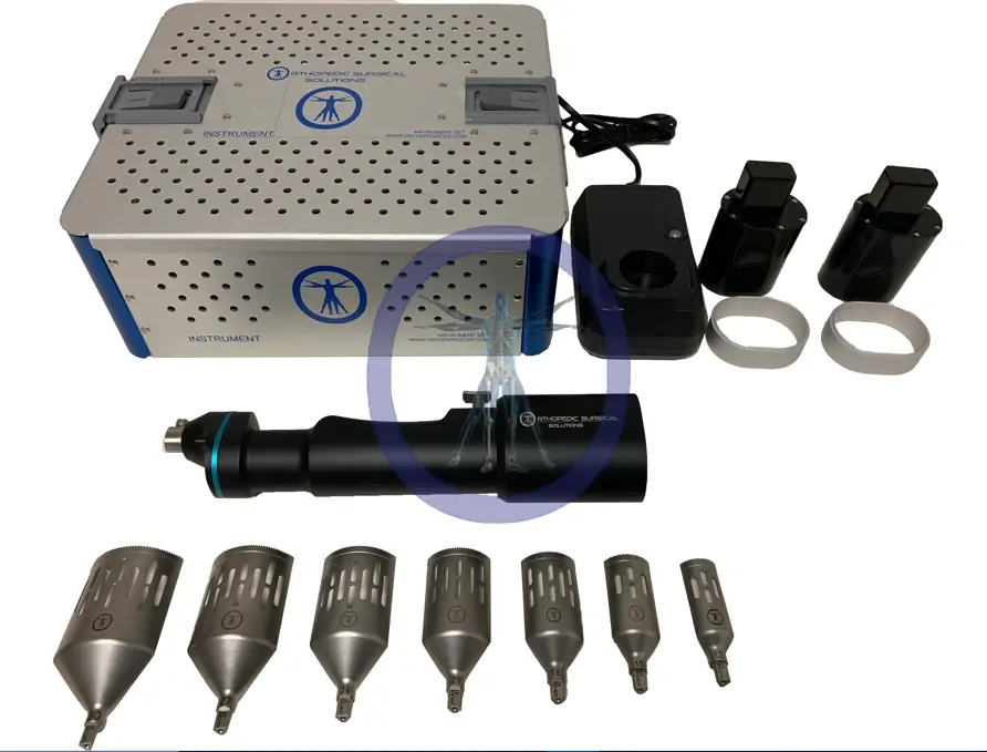 A surgical drill and accessories are displayed.