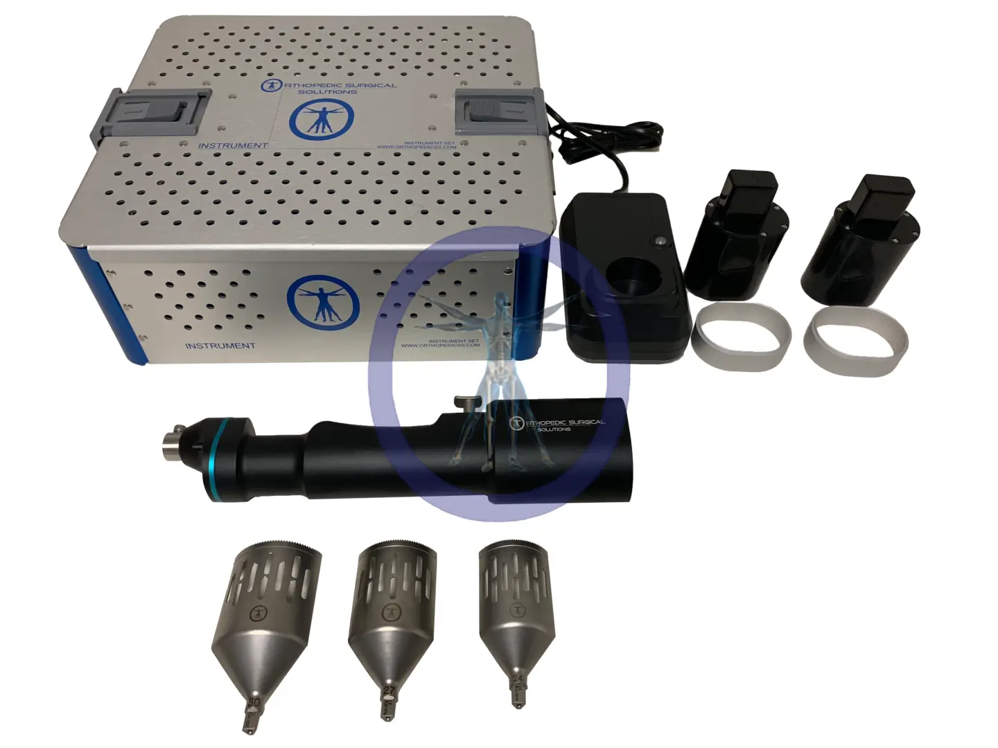 Surgical drill and accessories on a white background.