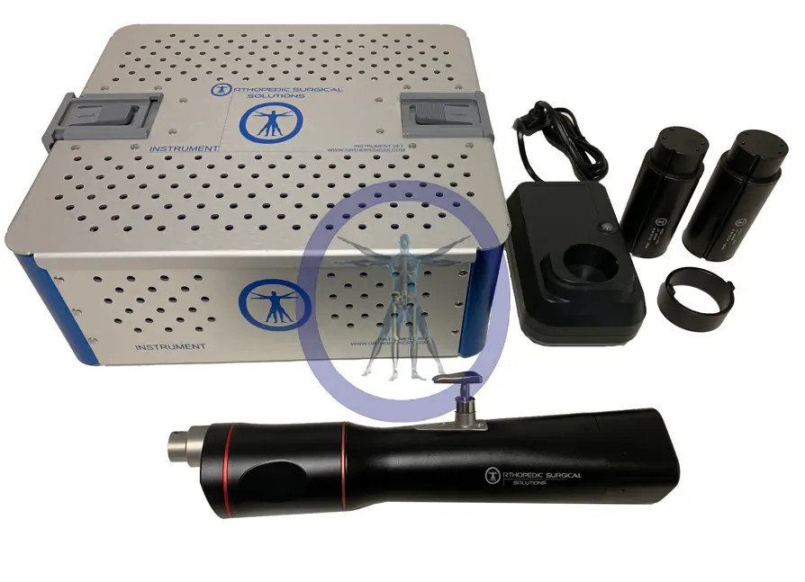 Black and silver surgical power tool and accessories.