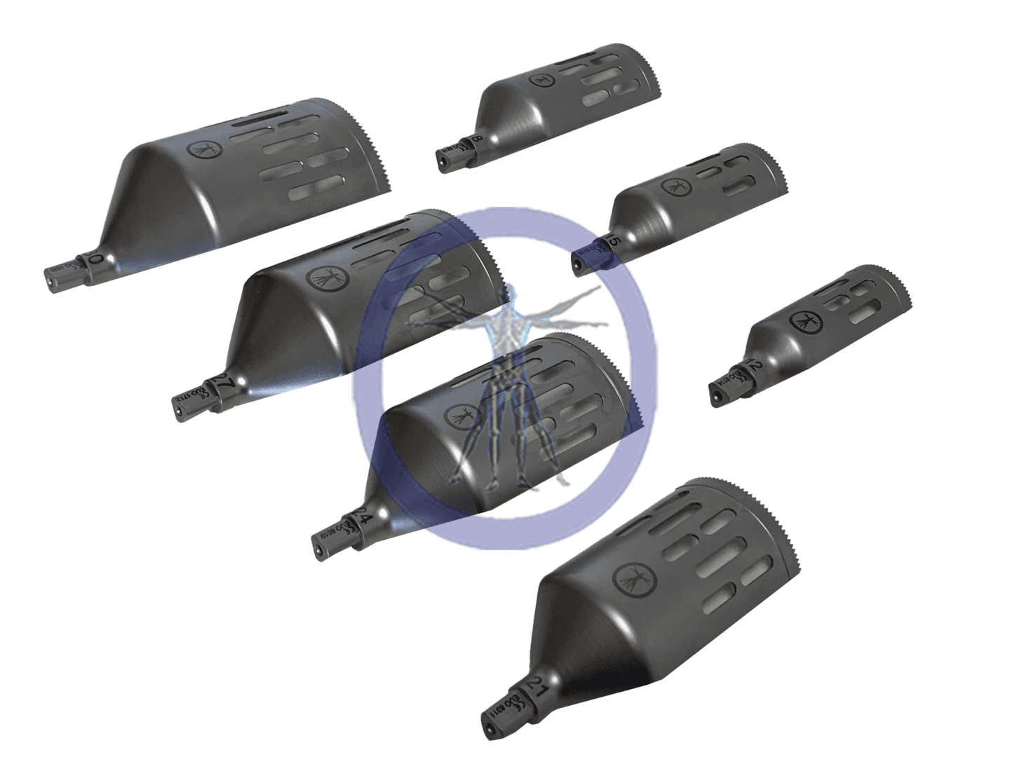 A set of eight different shaped plastic parts.