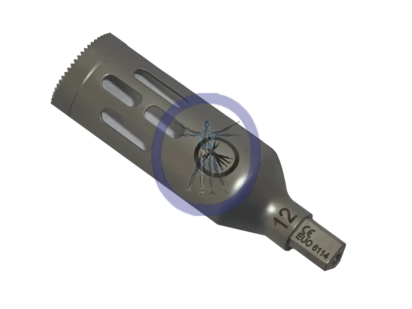 A gray metal surgical drill bit.