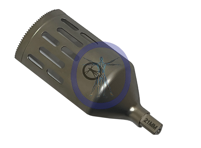 A metal surgical instrument with a serrated edge.