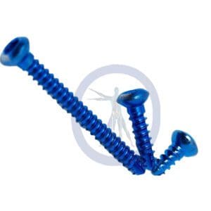 A blue metal screw is sitting on top of another blue metal object.