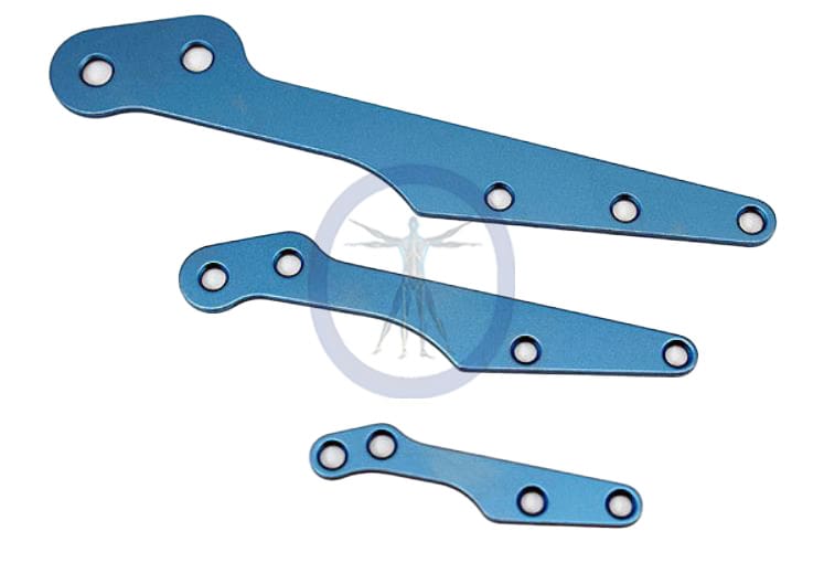 A set of three blue metal plates with holes.