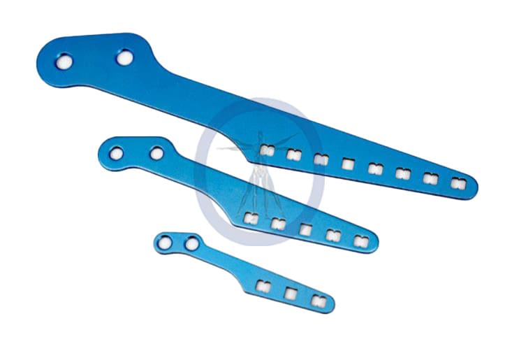 A set of four blue plastic handles.