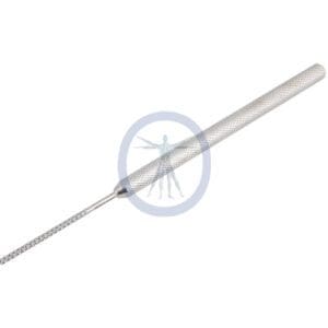 A white stick with a thin metal handle.