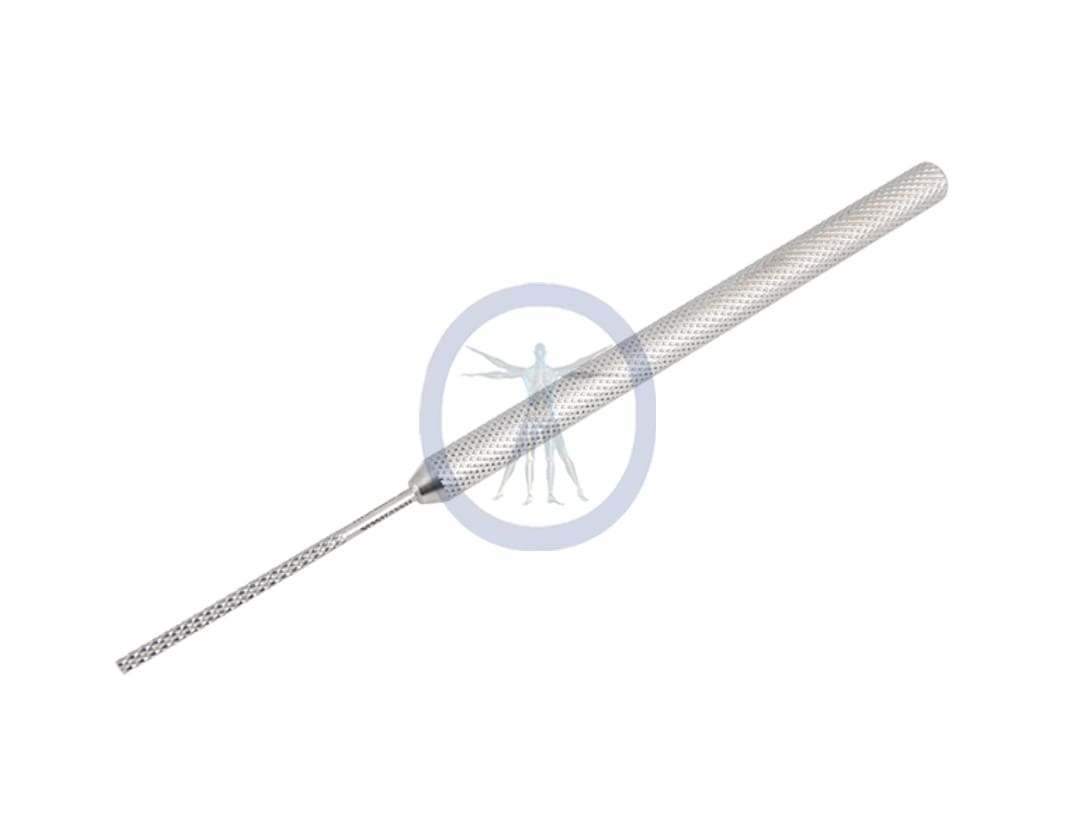 A white stick with a thin metal handle.