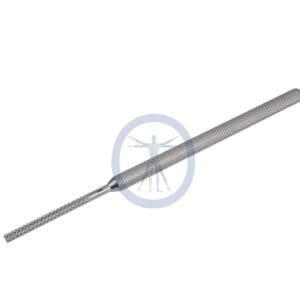 A close up of a needle file on a white background