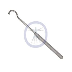 A metal hook is shown on the side of a white background.