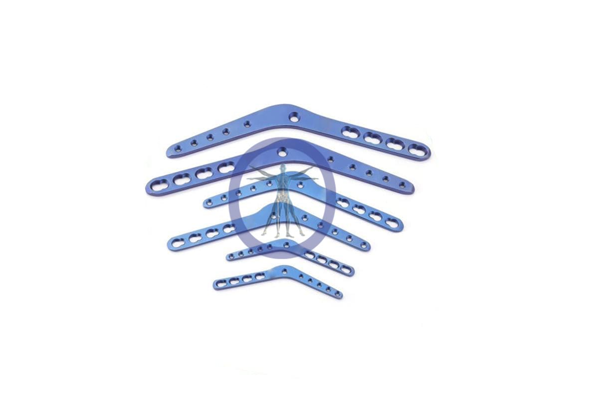 Set of blue surgical bone plates.