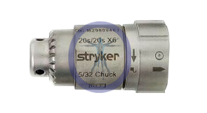 Metallic Stryker F1 1900-132 5/32” Keyed Jacobs Chuck Attachment with labeled specifications visible on its cylindrical body, isolated on a white background.