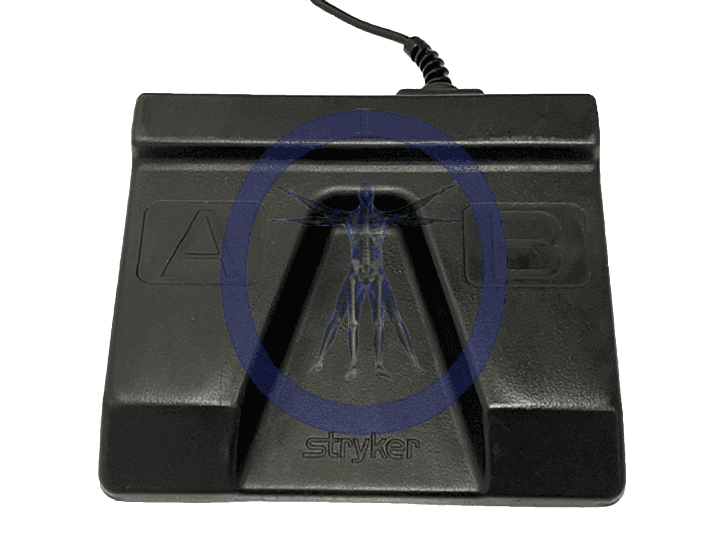 A black plastic stand with a blue and white logo.